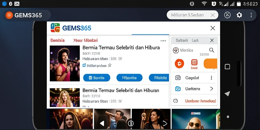 Tangkapan layar aplikasi GEMS365 menampilkan antarmuka berita hiburan yang menarik.